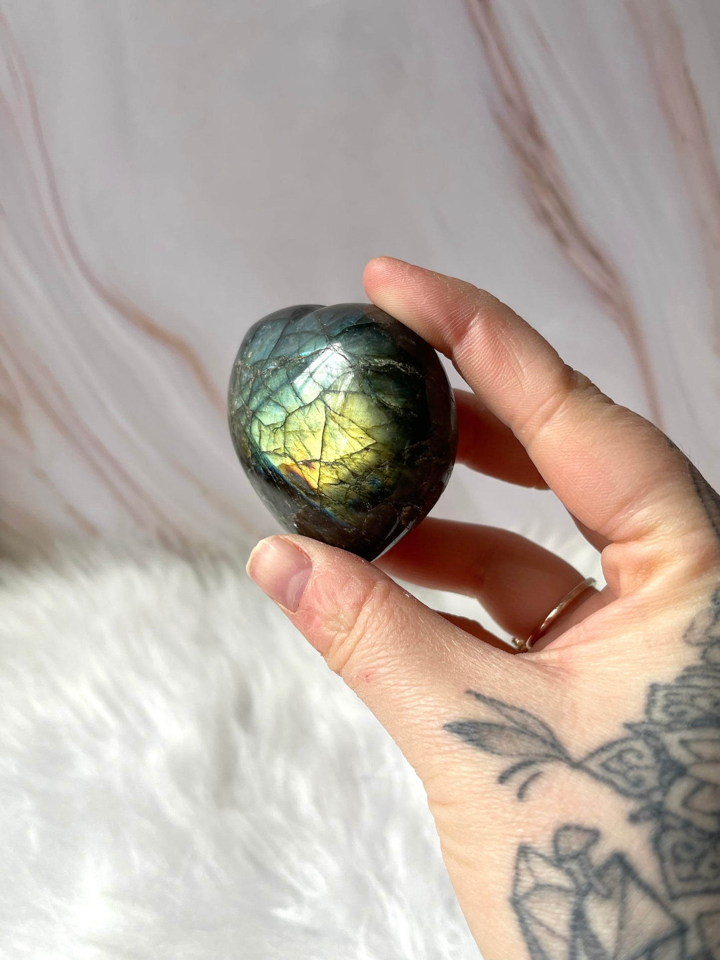 Yellow flash labradorite heart