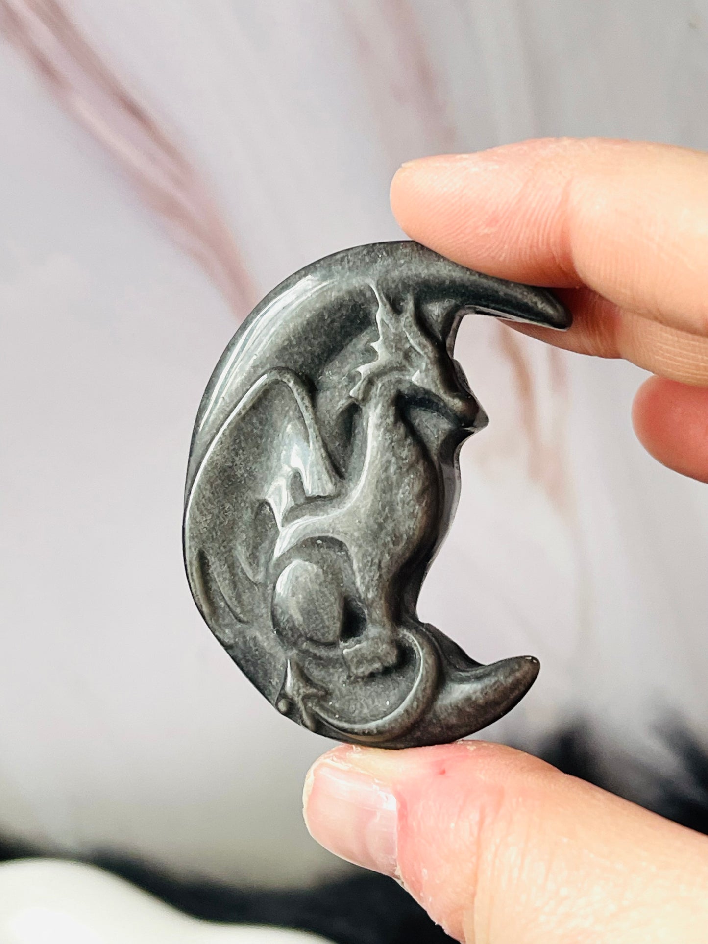 Silver Obsidian Dragon Moon Carving