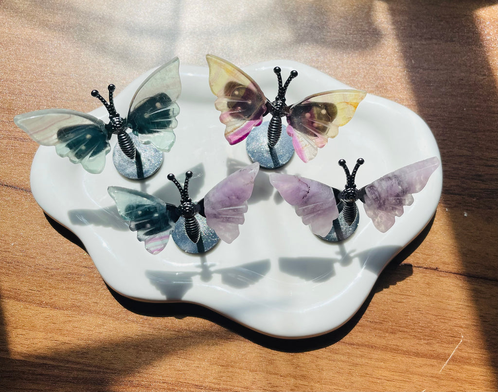 Mini fluorite butterfly wings on a stand