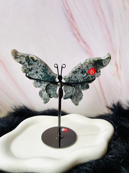 Moss Agate Butterfly Wings W/Stand