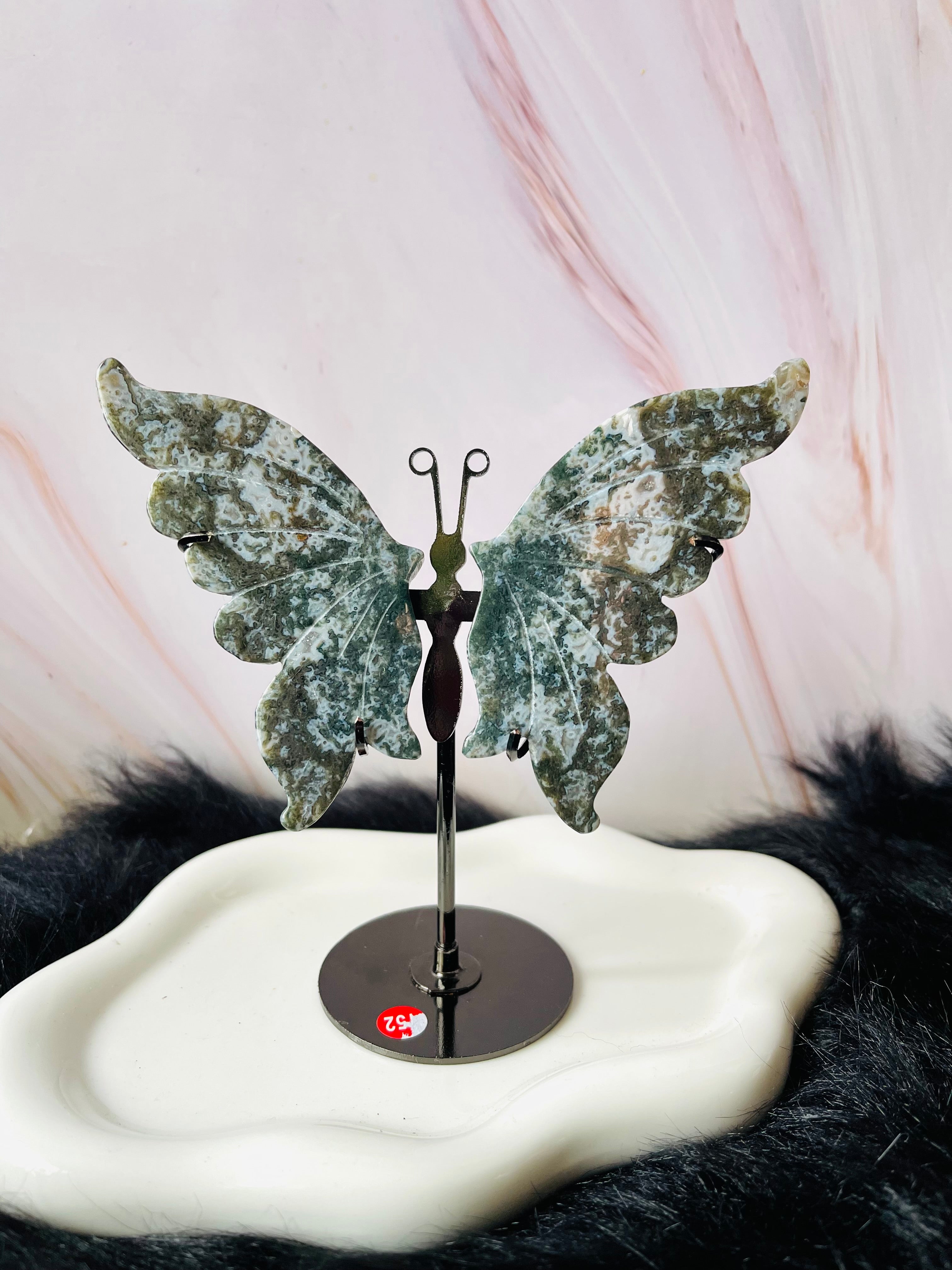 Moss Agate Butterfly Wings W/Stand