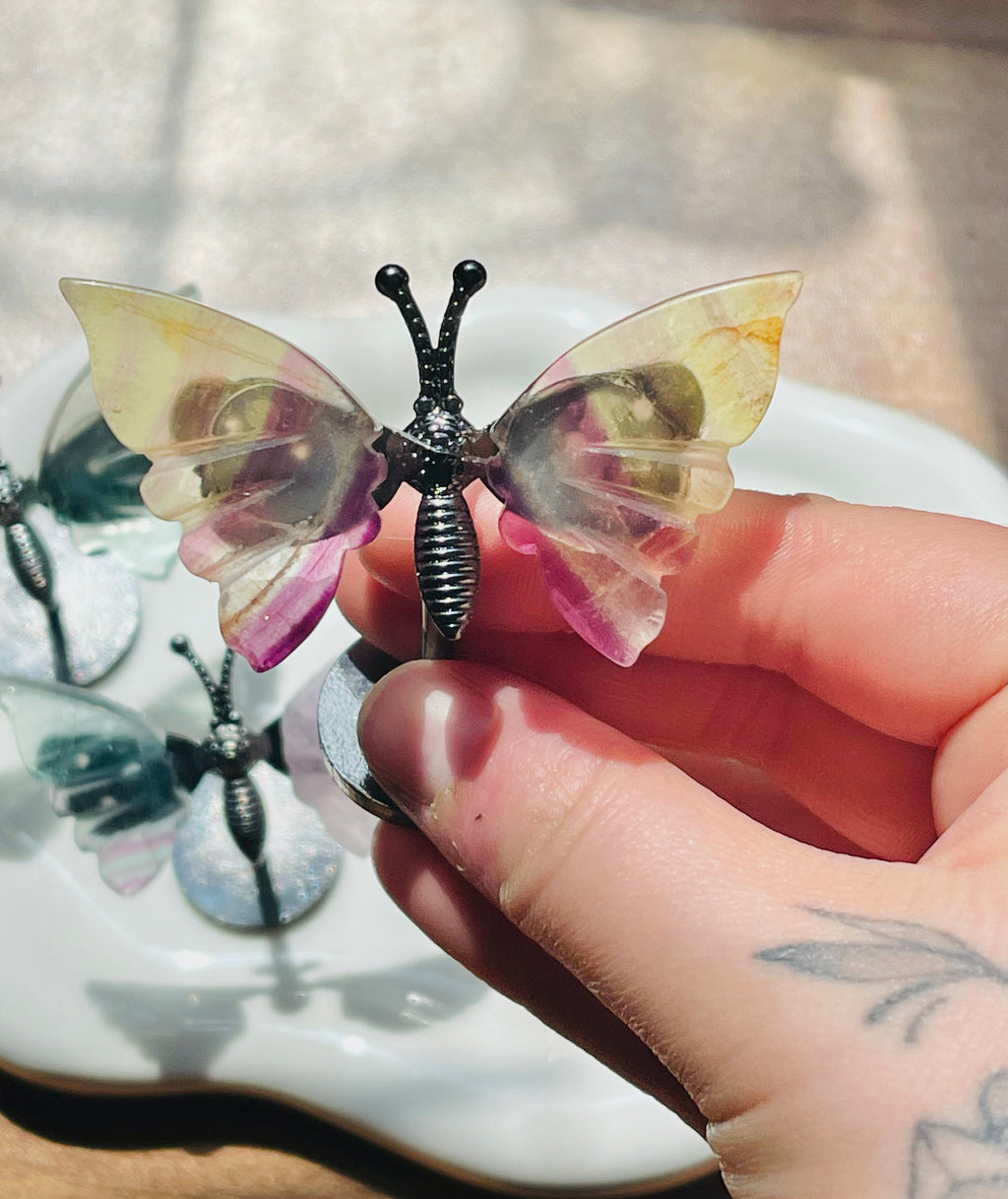 Mini fluorite butterfly wings on a stand